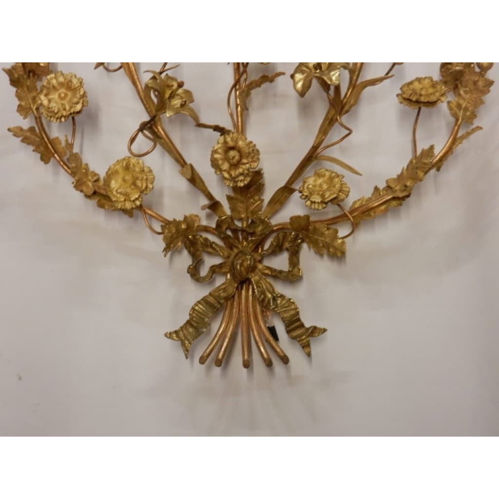 1880′ Paire d’Appliques en Bronze Doré à Décor Floral 5 Bras de Lumière