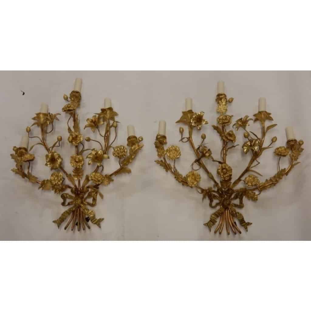 1880′ Paire d’Appliques en Bronze Doré à Décor Floral 5 Bras de Lumière