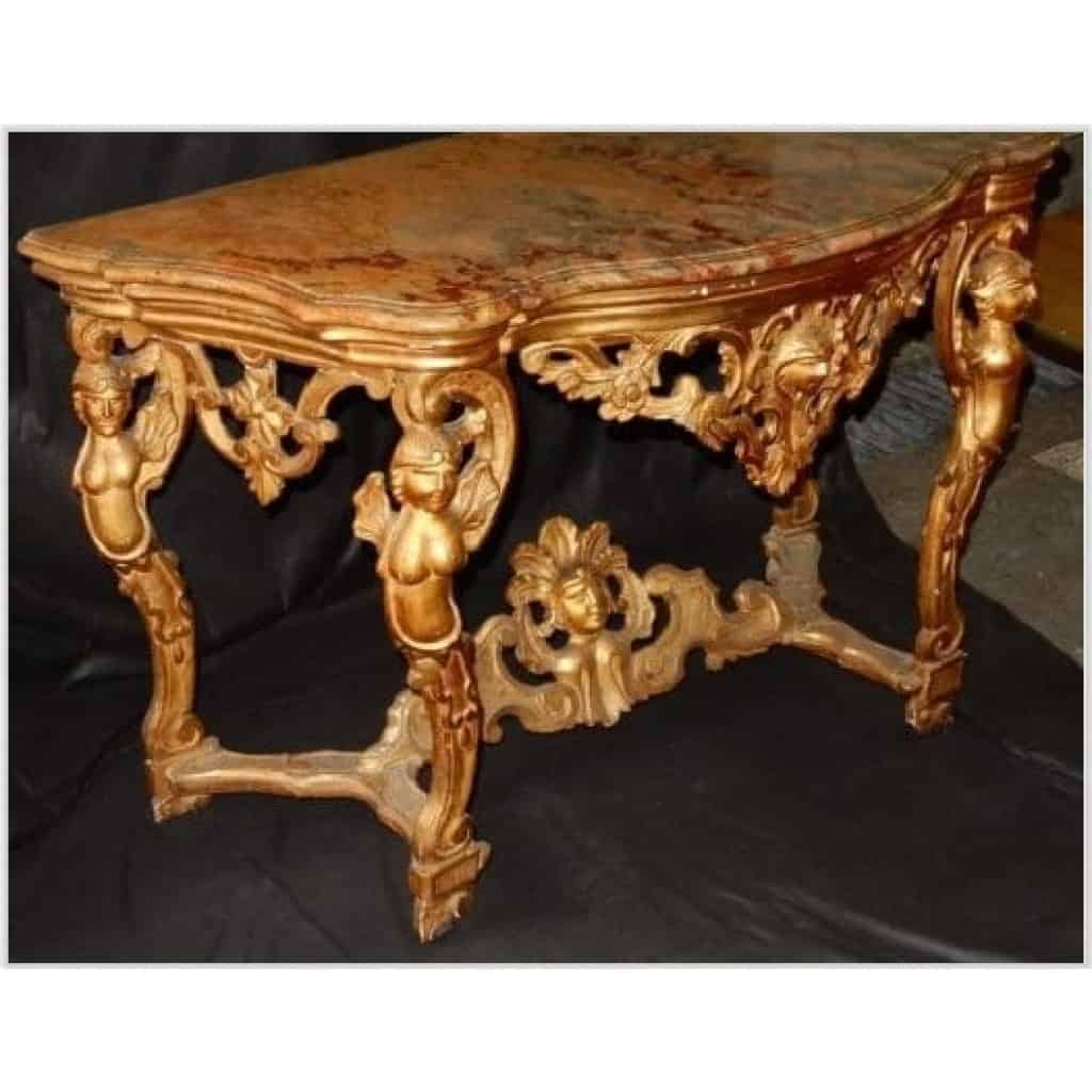 1850′ Console Italienne 19ème en Bois Doré d’Époque aux Puttis | Biron 1850′ Console Italienne 19ème en Bois Doré d’Époque aux Puttis