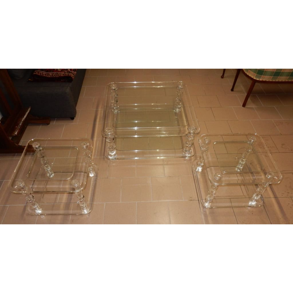 1970′ Table Basse en Altuglas, ROMEO Taille 1m00 X 1m00 + 2 Bouts de Canapés | Biron |||||||||