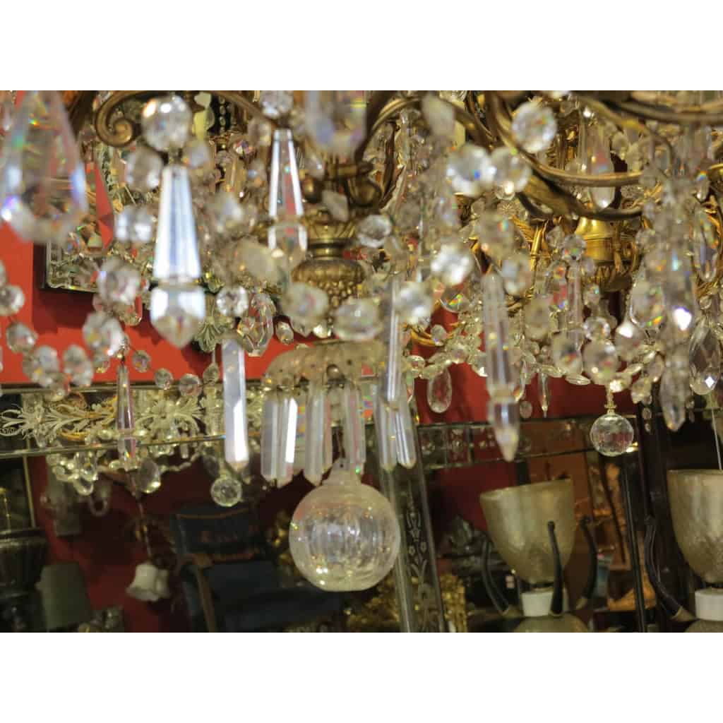 1880/1900′ Lustre Napoléon III 5 Bras 25 Lampes Bronze Doré et Cristal