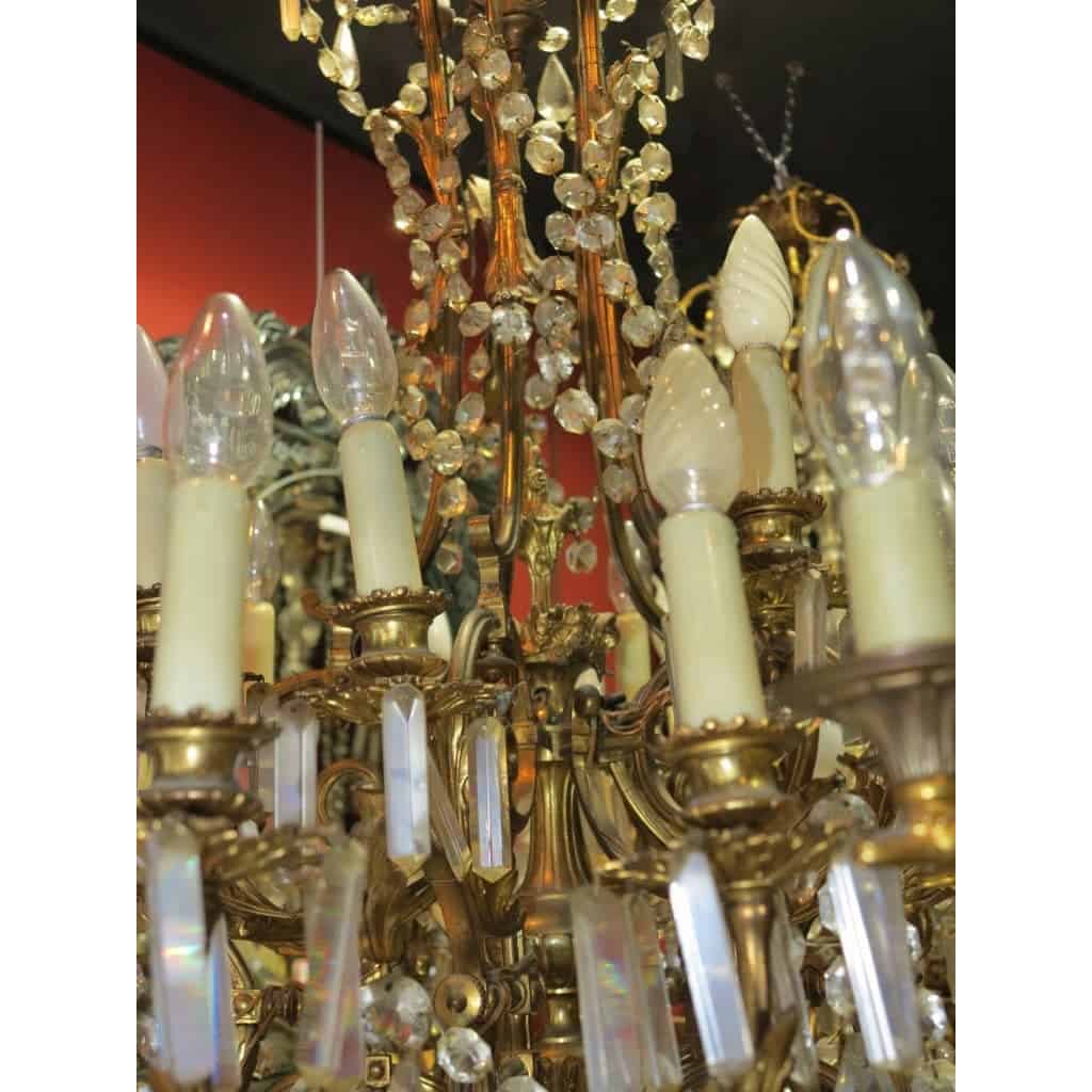1880/1900′ Lustre Napoléon III 5 Bras 25 Lampes Bronze Doré et Cristal