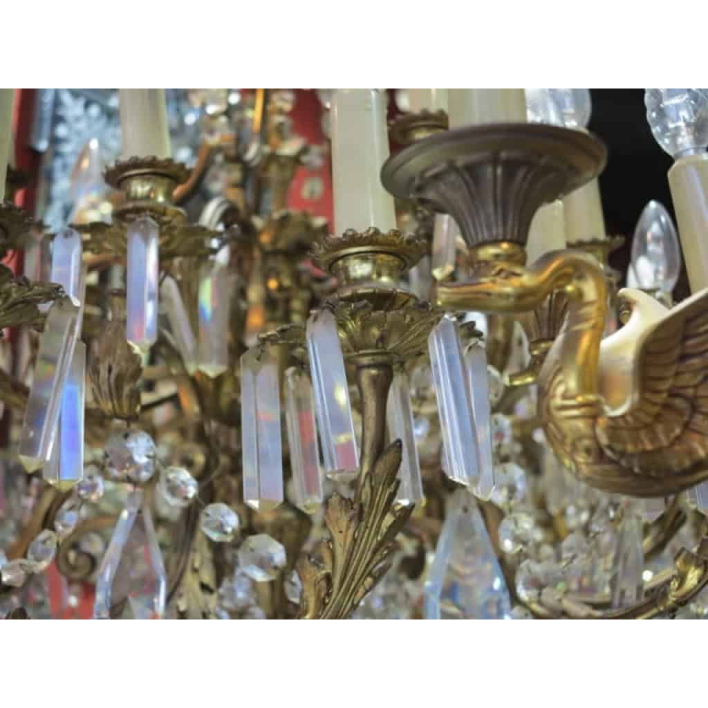 1880/1900′ Lustre Napoléon III 5 Bras 25 Lampes Bronze Doré et Cristal