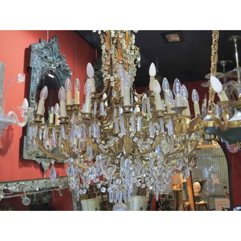 1880/1900′ Lustre Napoléon III 5 Bras 25 Lampes Bronze Doré et Cristal