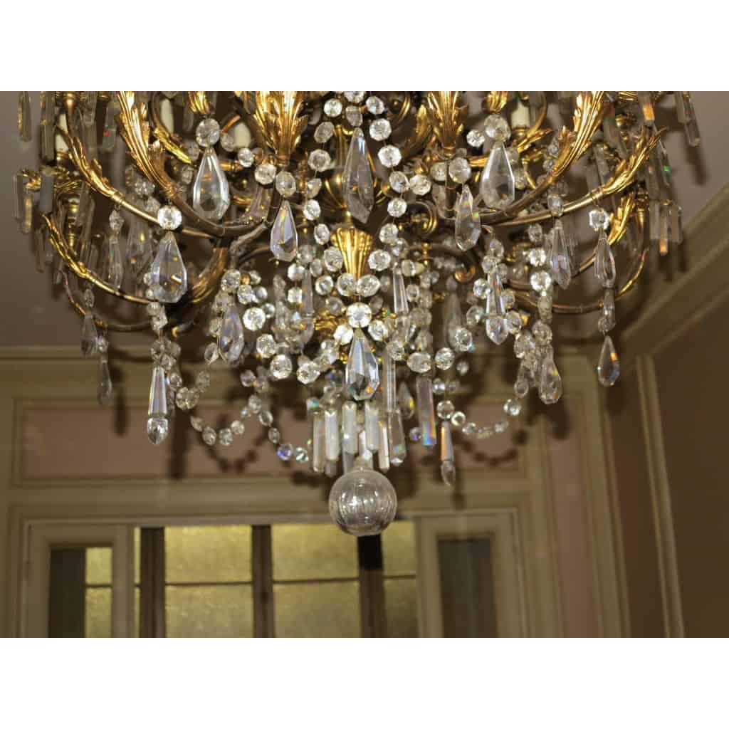 1880/1900′ Lustre Napoléon III 5 Bras 25 Lampes Bronze Doré et Cristal