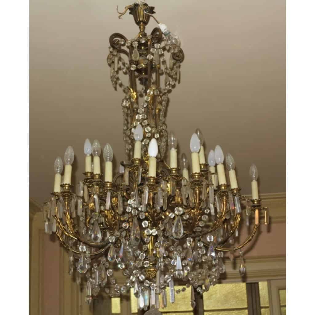 1880/1900′ Lustre Napoléon III 5 Bras 25 Lampes Bronze Doré et Cristal