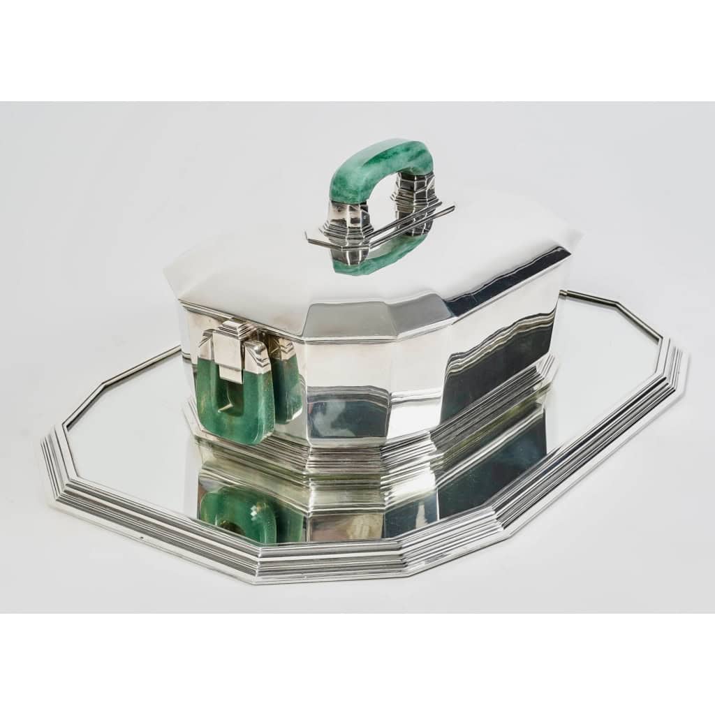 Centre de Table Soupière Art Déco Moderniste argent massif et aventurine de Jean E. PUIFORCAT | Biron ||||||||||||||||||||