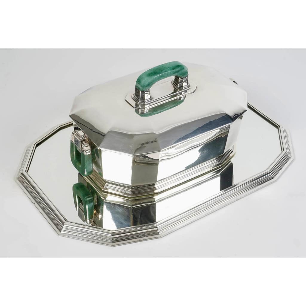 Centre de Table Soupière Art Déco Moderniste argent massif et aventurine de Jean E. PUIFORCAT | Biron Centre de Table Soupière Art Déco Moderniste argent massif et aventurine de Jean E. PUIFORCAT
