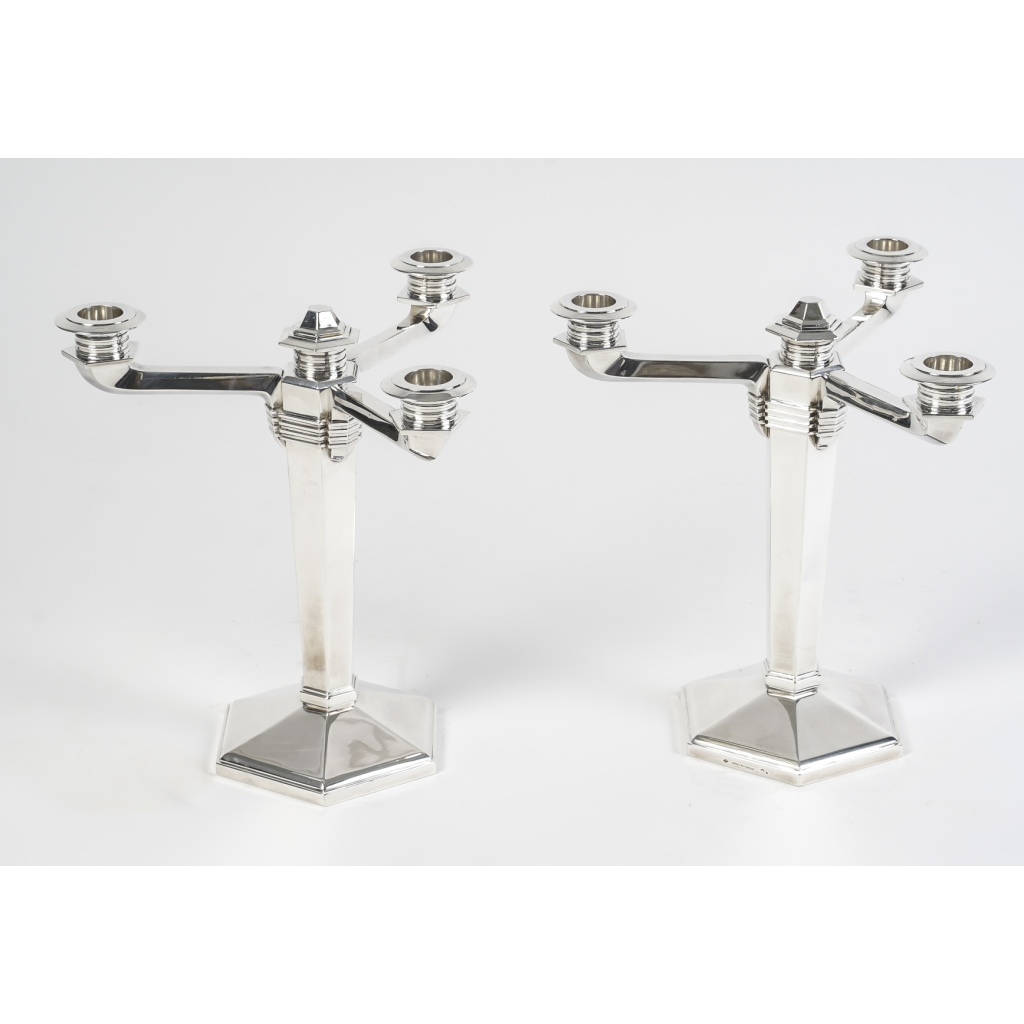 Paire de Candélabres Bougeoirs Art Déco Moderniste argent massif de Jean E. PUIFORCAT | Biron |||||||||||||||