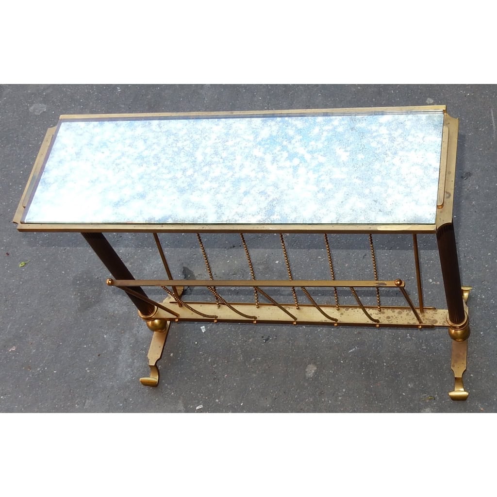1970′ Porte Revue Maison Jansen en Bronze Doré, Plateau Miroir Oxydé 7
