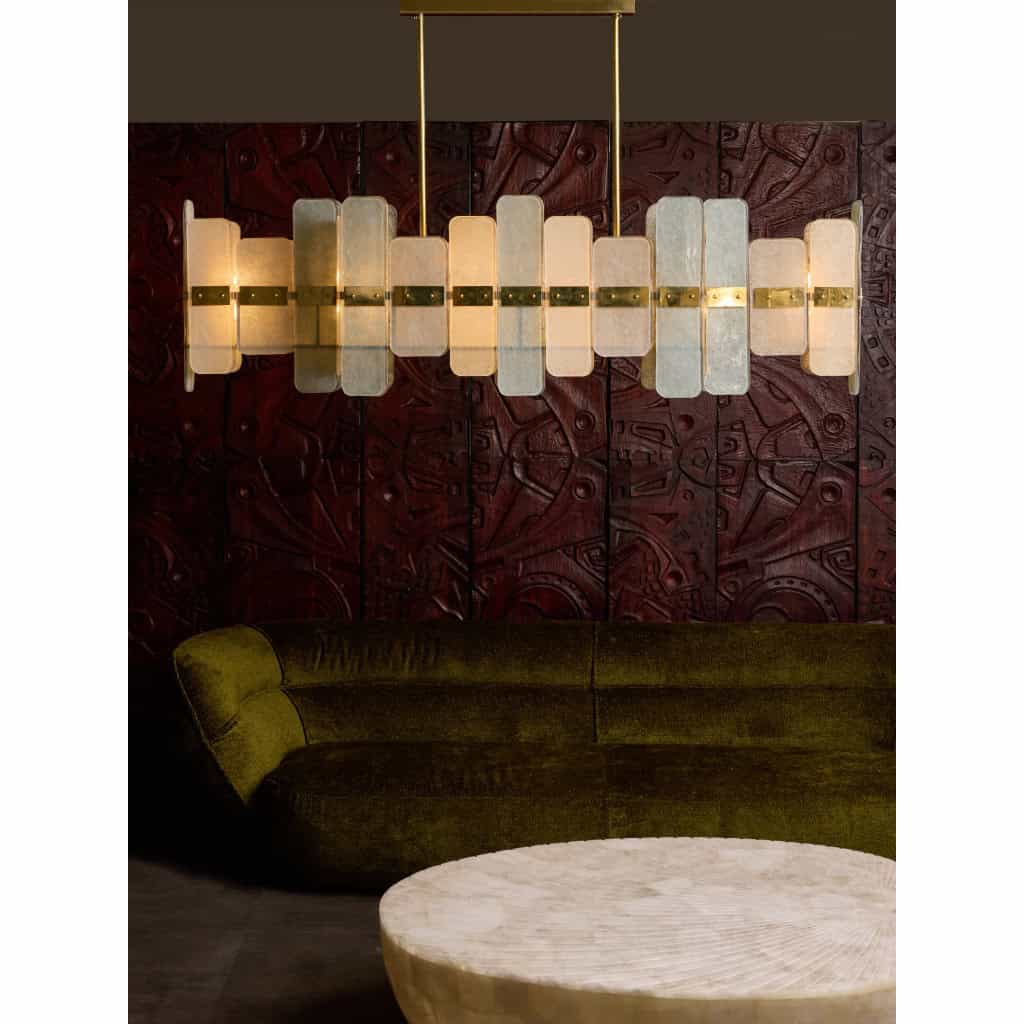 Long Brass Chandelier With Rectangular Murano Glass Panels | Biron 