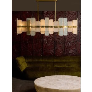 Long Brass Chandelier With Rectangular Murano Glass Panels