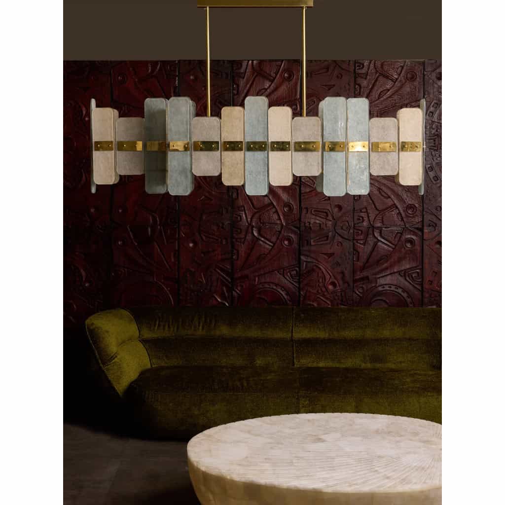 Long Brass Chandelier With Rectangular Murano Glass Panels | Biron 