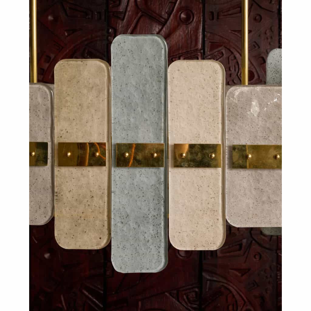 Long Brass Chandelier With Rectangular Murano Glass Panels | Biron 