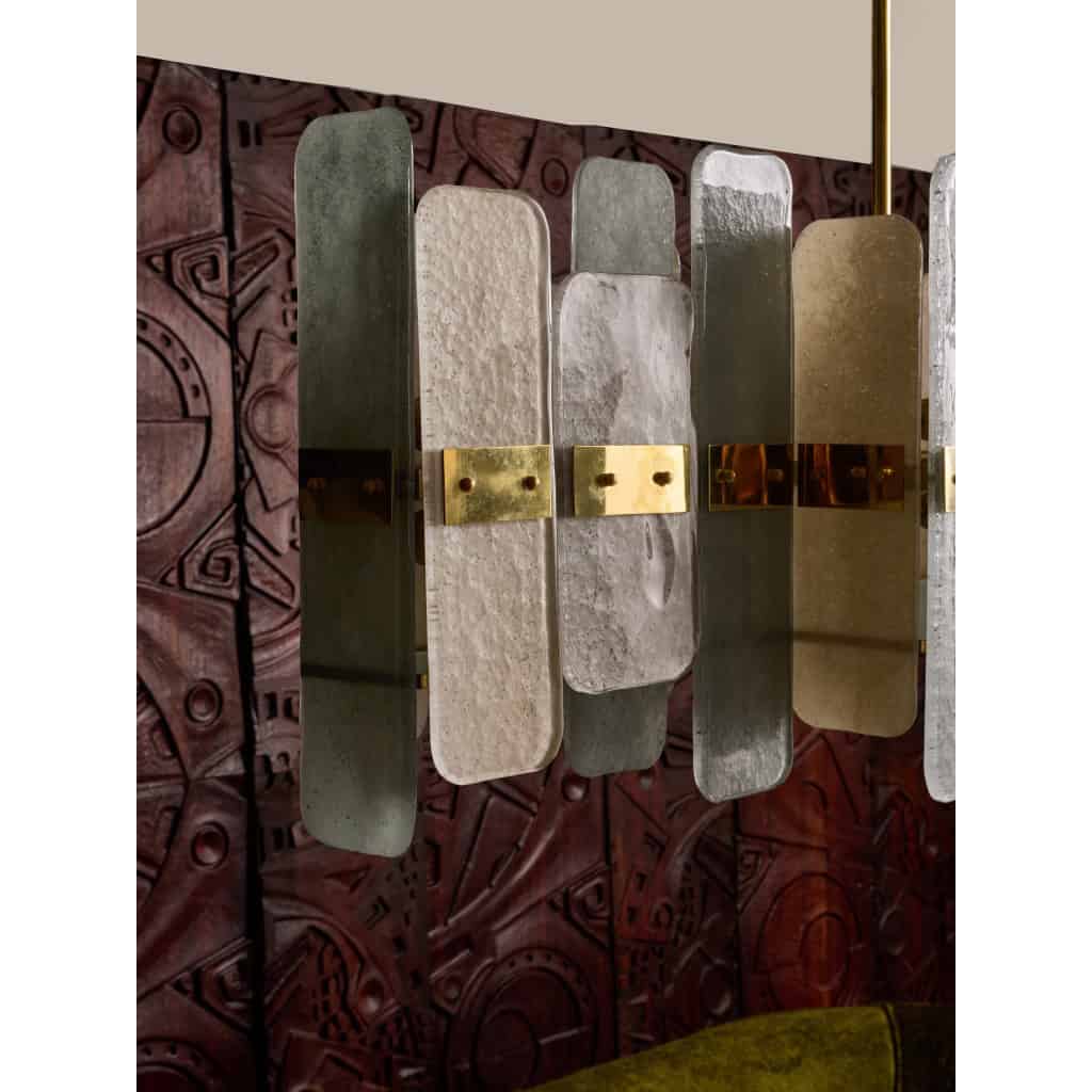 Long Brass Chandelier With Rectangular Murano Glass Panels | Biron 