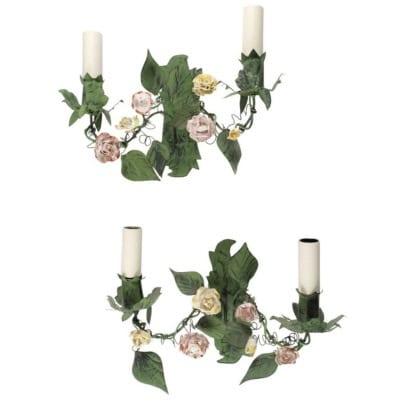 1960 Paire d'appliques à fleurs en porcelaine « liseron » de Maison Honoré