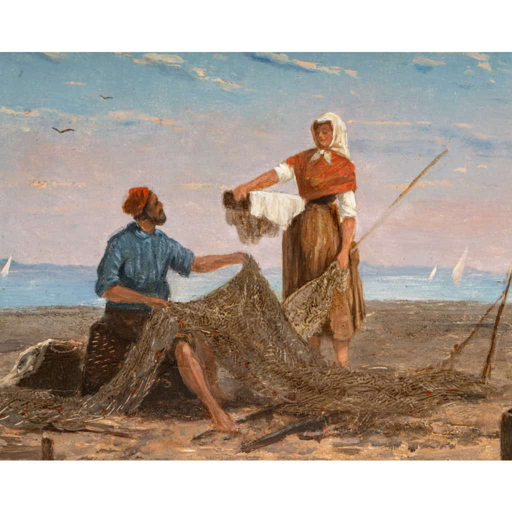 Frank William Warwick Topham (1838-1924) Capri La réparation des filets huile sur panneau vers 1863 | Biron 
