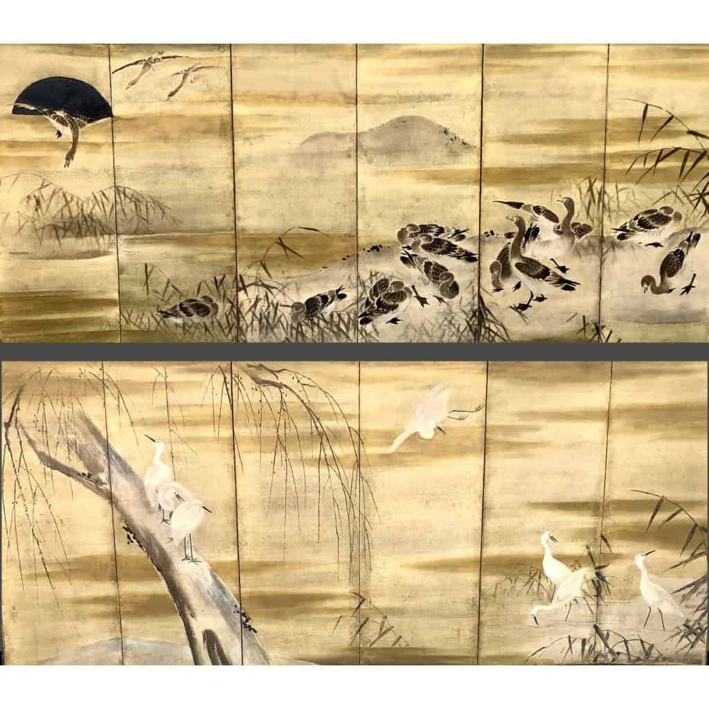 Paire de paravents japonais à 6 panneaux aigrettes et oies | Biron 