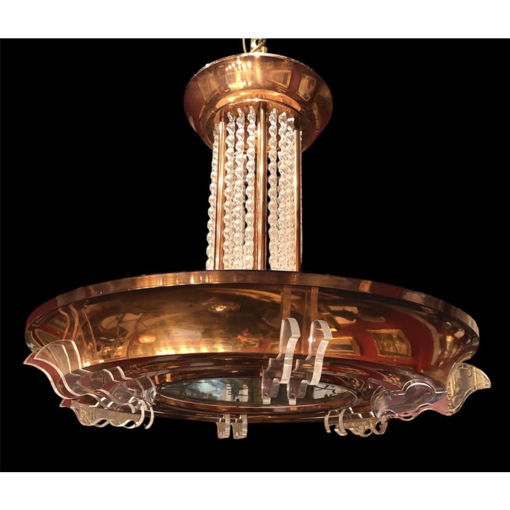 Lustre Art Déco en métal cuivré pendeloques 6 lumières années 1950 | Biron 