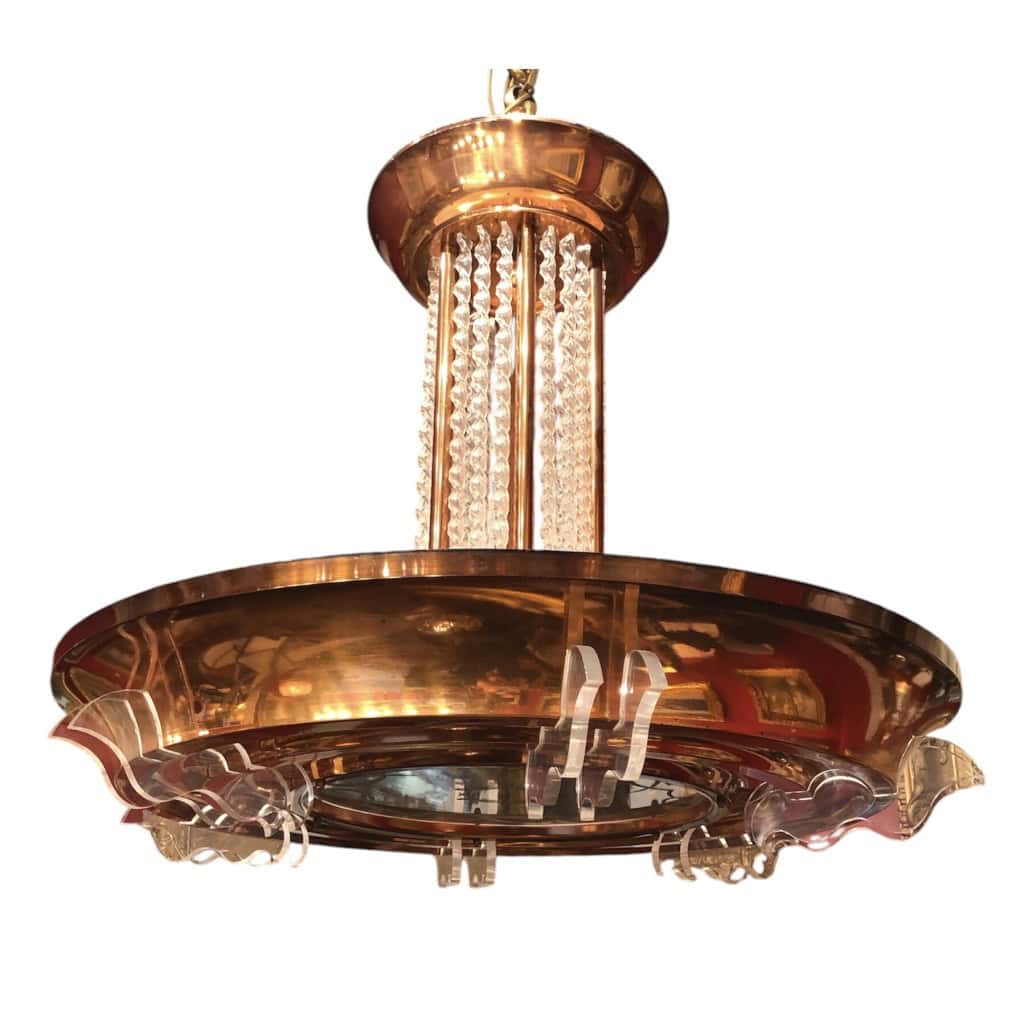 Lustre Art Déco en métal cuivré pendeloques 6 lumières années 1950 | Biron 