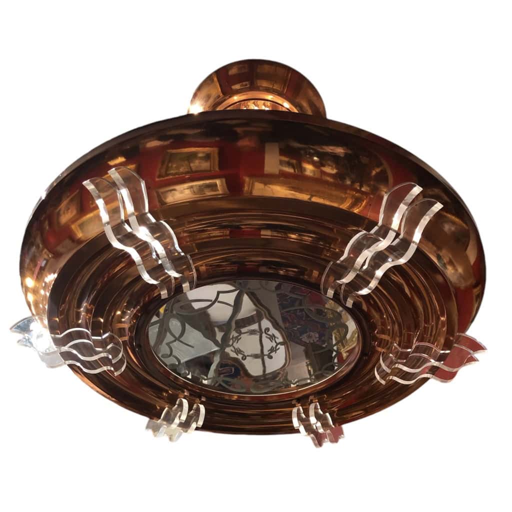 Lustre Art Déco en métal cuivré pendeloques 6 lumières années 1950 | Biron 