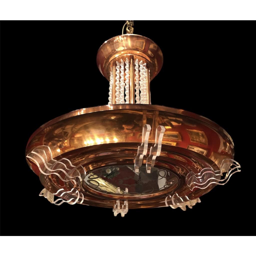 Lustre Art Déco en métal cuivré pendeloques 6 lumières années 1950 | Biron 
