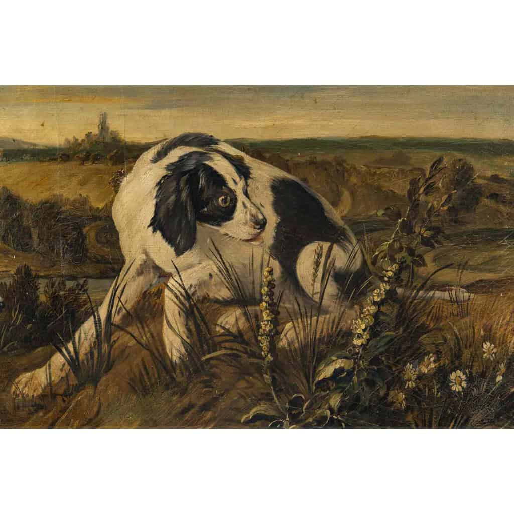 Les chiens de chasse marquant l’arrêt importante huile sur toile dans le gout de Desportes vers 1850 | Biron 