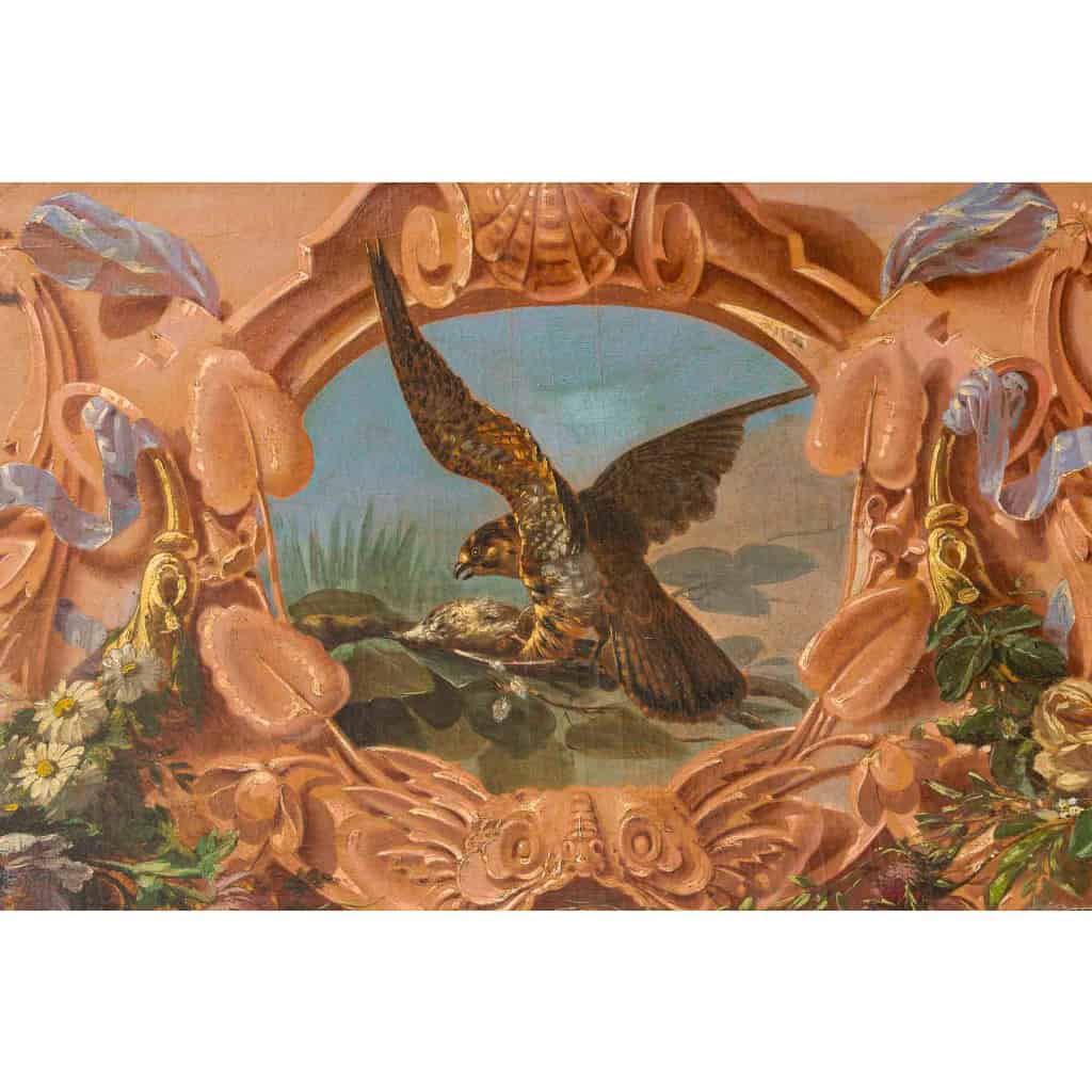 Alphonse Carrière (1808-1881) – Décor de boiserie composé de six Natures Mortes aux oiseaux Vers 1850-1860 | Biron 