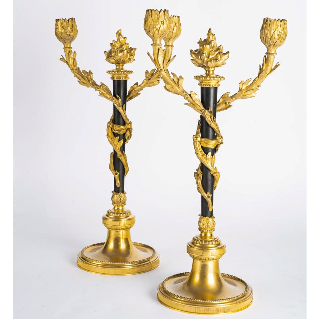 Paire de candélabres de style Louis XVI en bronze patiné et doré vers 1880 | Biron 