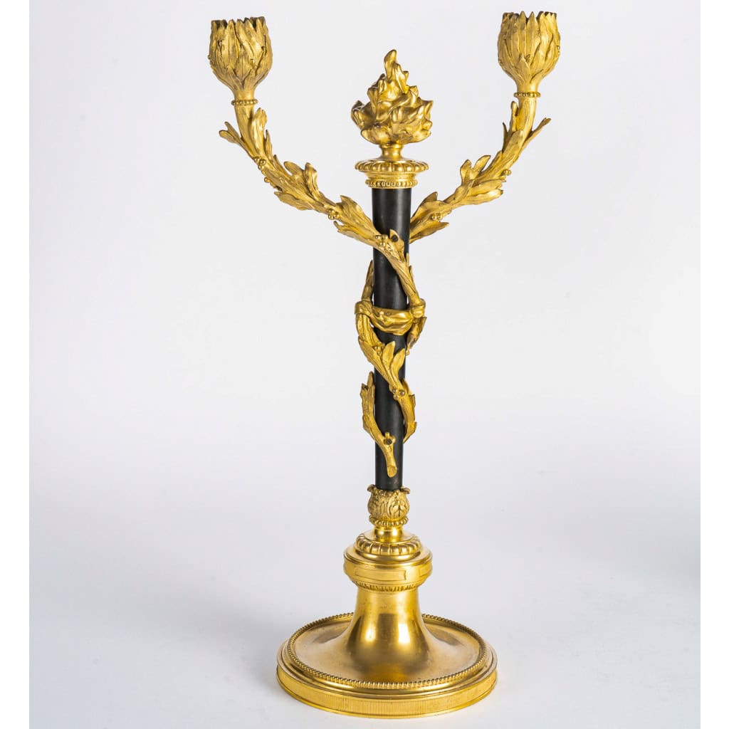 Paire de candélabres de style Louis XVI en bronze patiné et doré vers 1880 | Biron 