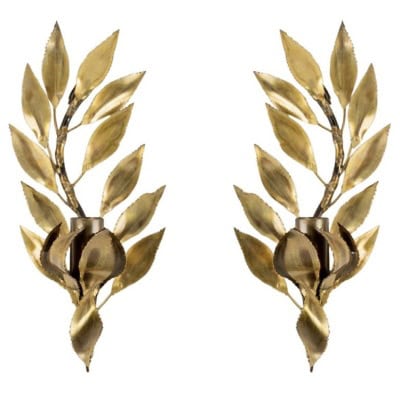 1960 Paire d'appliques « feuilles de laurier » en laiton doré Maison FlorArt