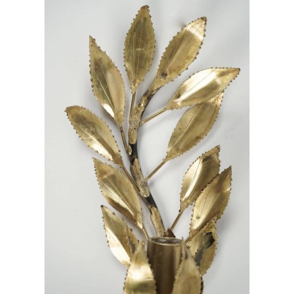1960 Paire d'appliques « feuilles de laurier » en laiton doré Maison FlorArt 