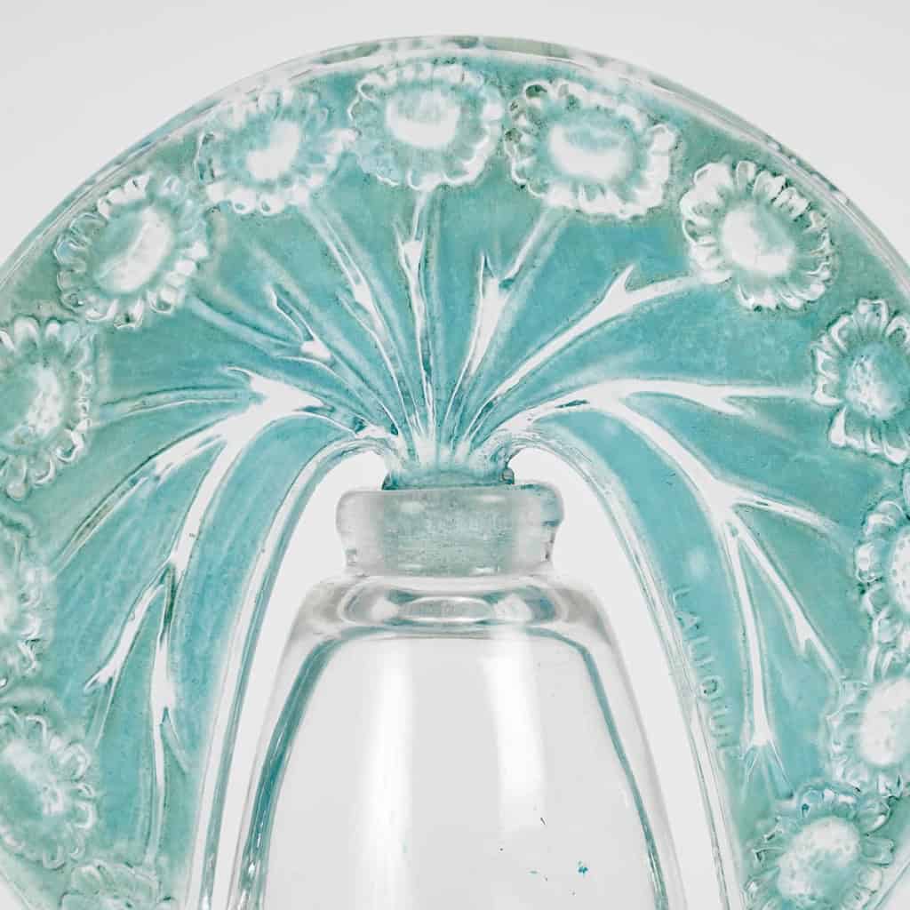Flacon Tiare « Pâquerettes » verre blanc patiné bleu turquoise de René LALIQUE pour Roger et Gallet | Biron 