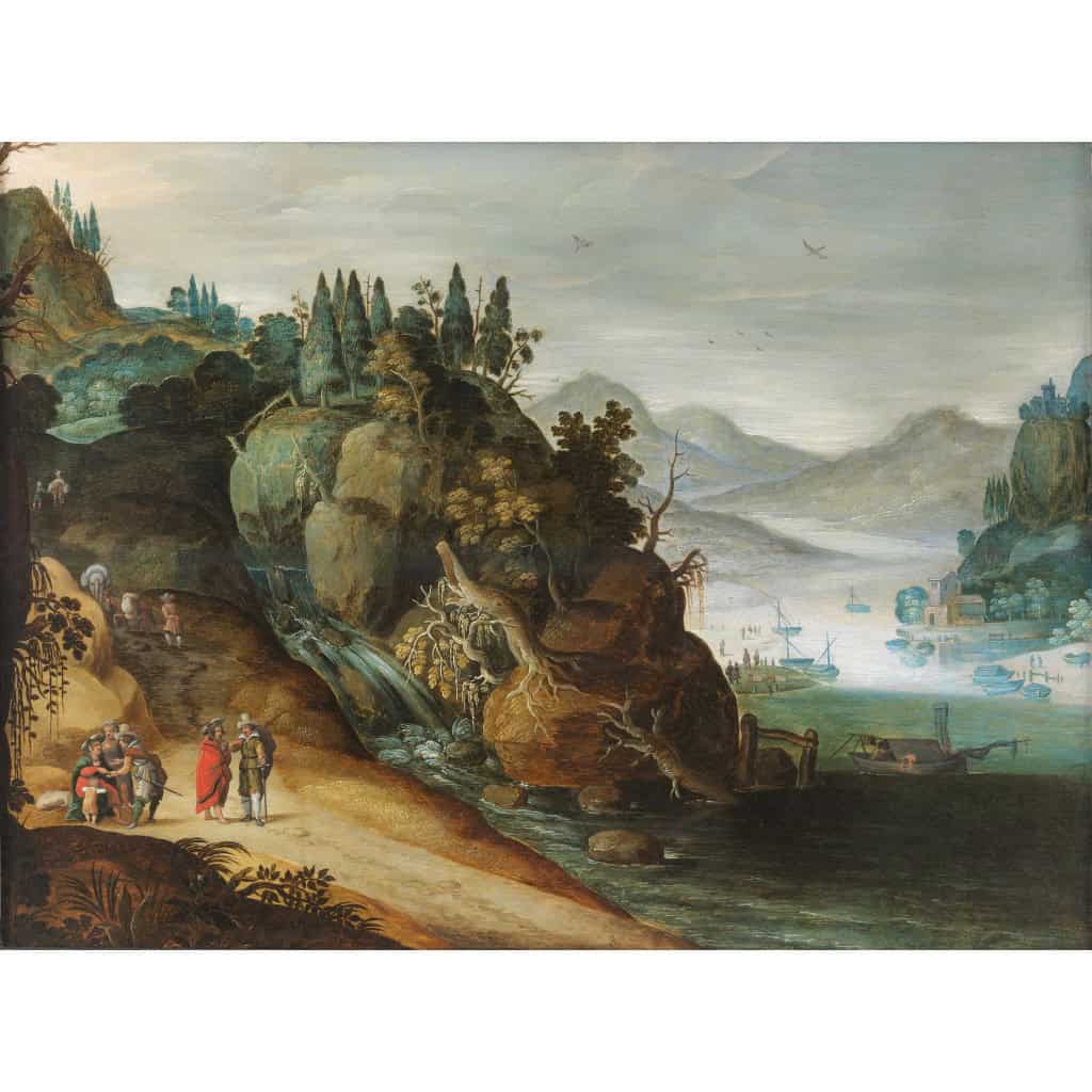 Paysage animé au bord d’une rivière – Atelier de Joos de Momper II (1564 – 1635) | Biron 
