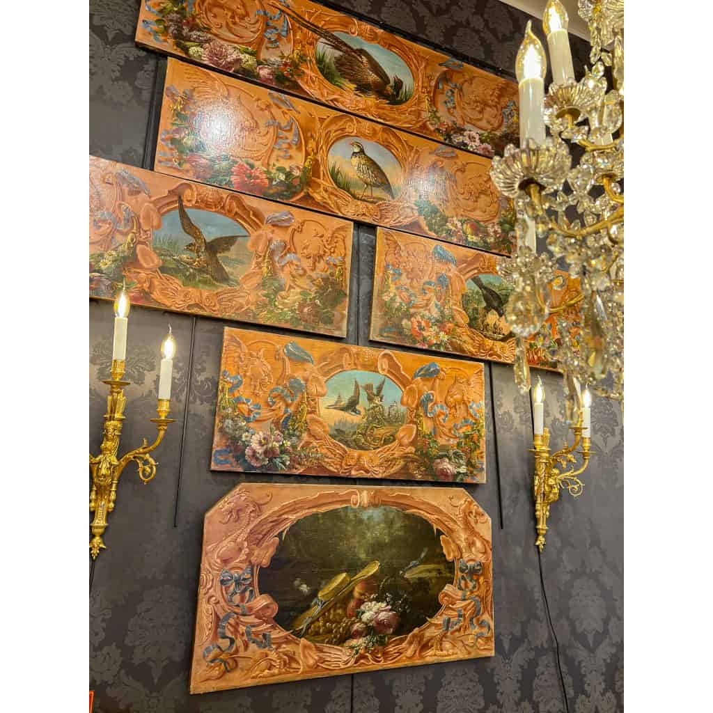 Alphonse Carrière (1808-1881) – Décor de boiserie composé de six Natures Mortes aux oiseaux Vers 1850-1860 | Biron 