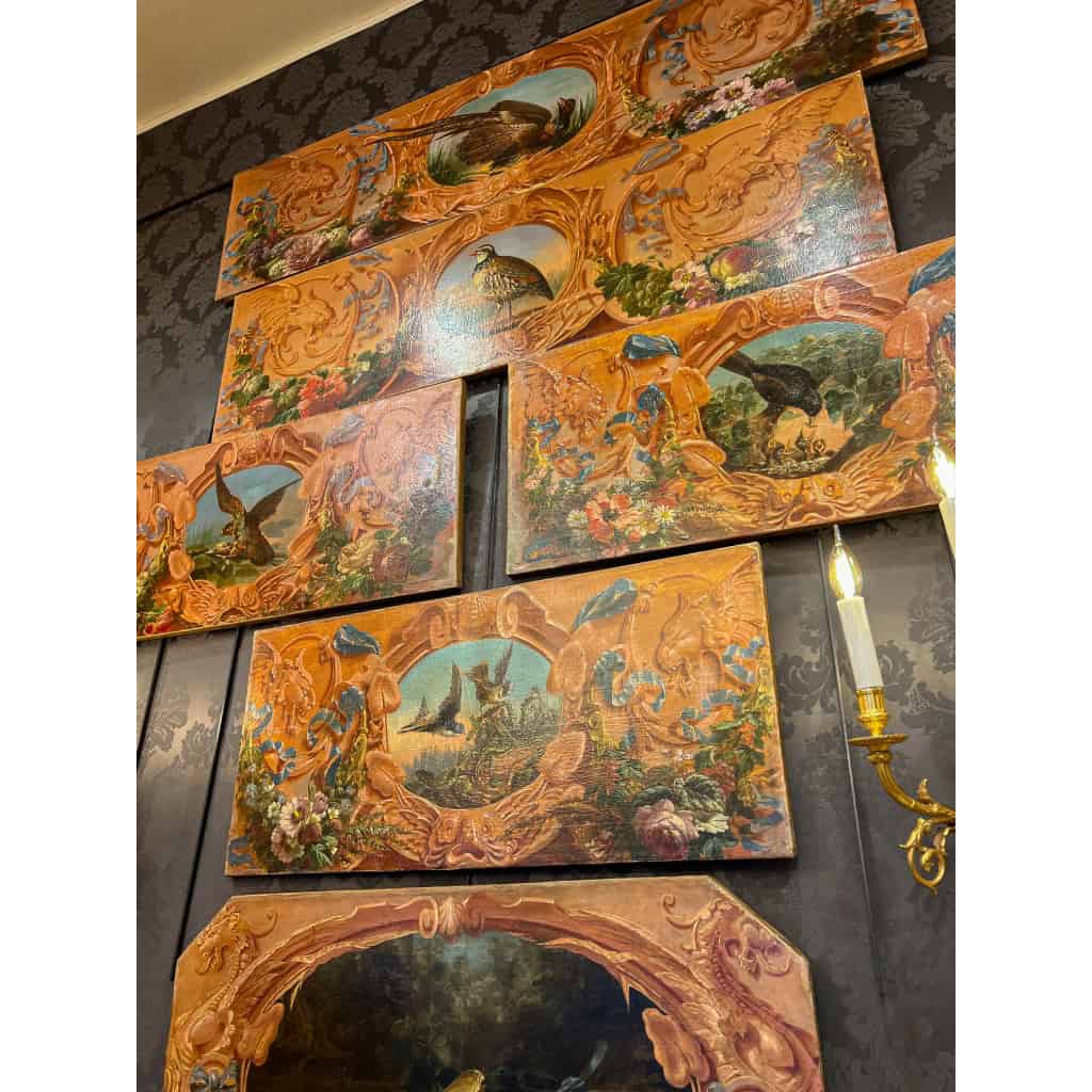 Alphonse Carrière (1808-1881) – Décor de boiserie composé de six Natures Mortes aux oiseaux Vers 1850-1860 | Biron 