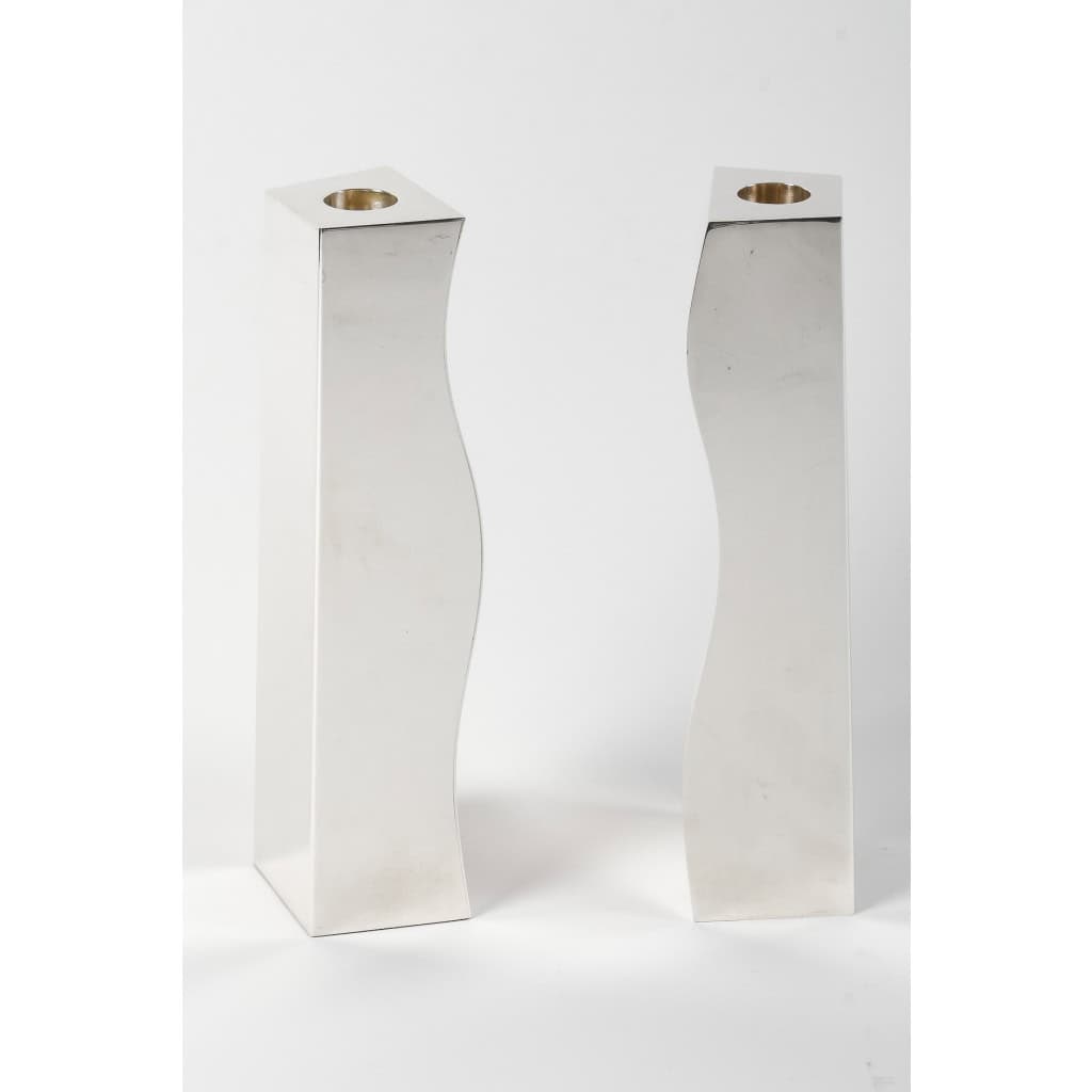 D. Garrido – Paire De Bougeoirs en Argent Massif Constructivisme XXe | Biron 