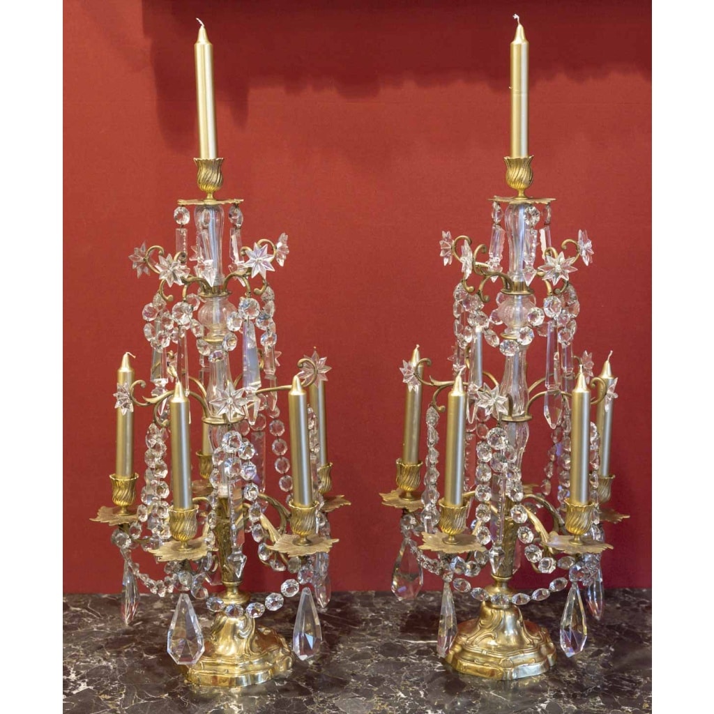 Paire de chandeliers en bronze et cristal Baccarat, XIXème siècle | Biron 