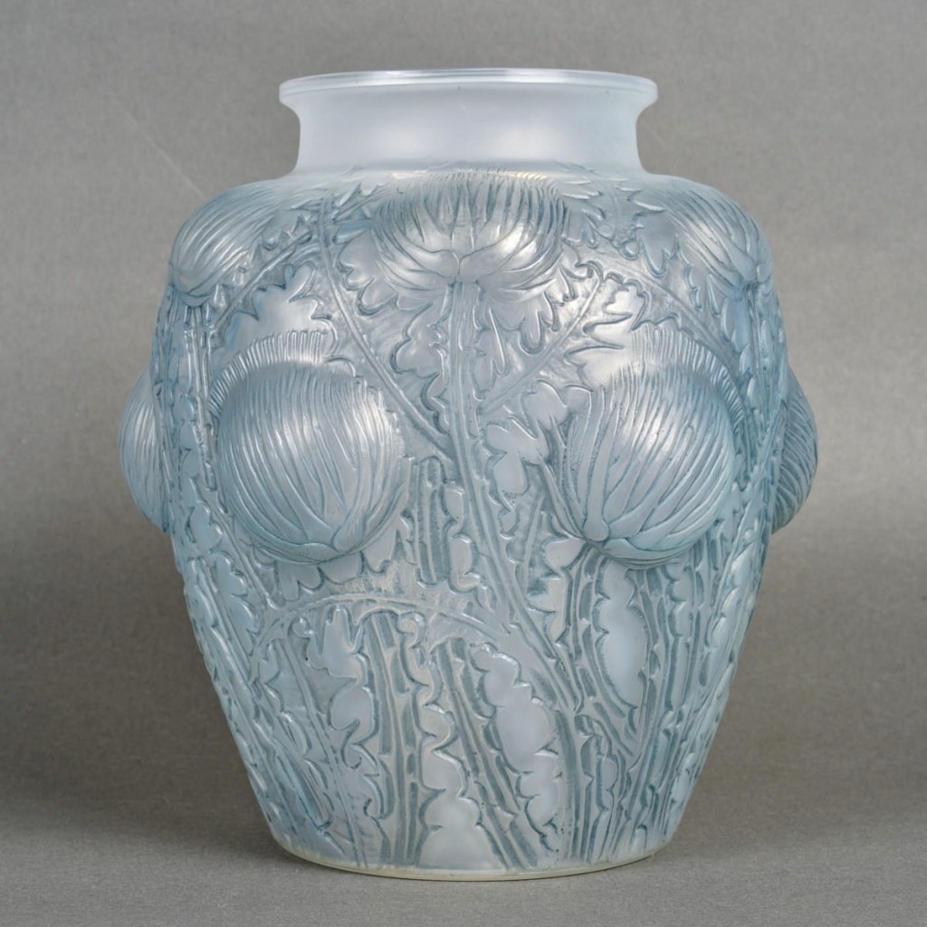 1926 René Lalique – Vase Domrémy Verre Opalescent Patiné Bleu | Biron 