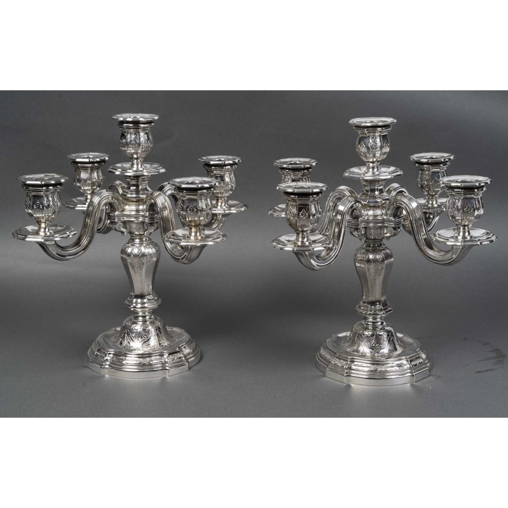 Orfèvre TETARD – Paire de Candélabres 5 lumières en argent massif XXe | Biron 