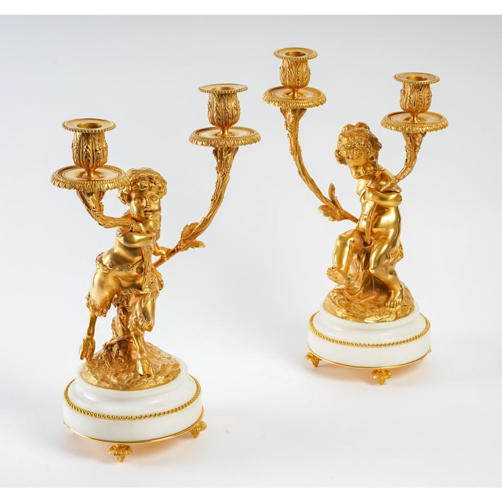 Paire de candélabres de style Louis XVI en bronze doré Amour et Faune d’après Clodion et Delarue vers 1850-1860 | Biron 