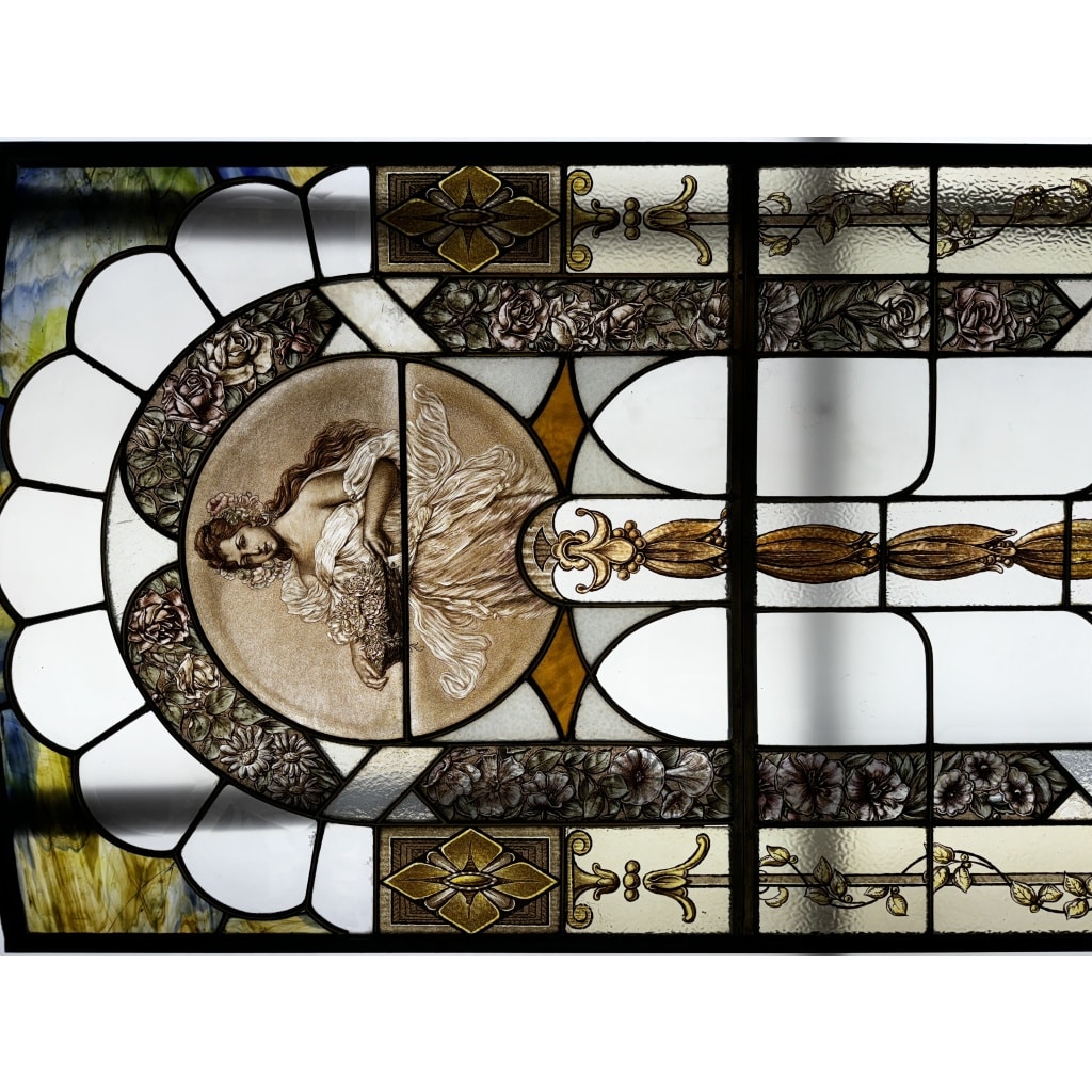 Vitrail Vitraux Femme au panier de fleurs (186 x 79 cm) | Biron 