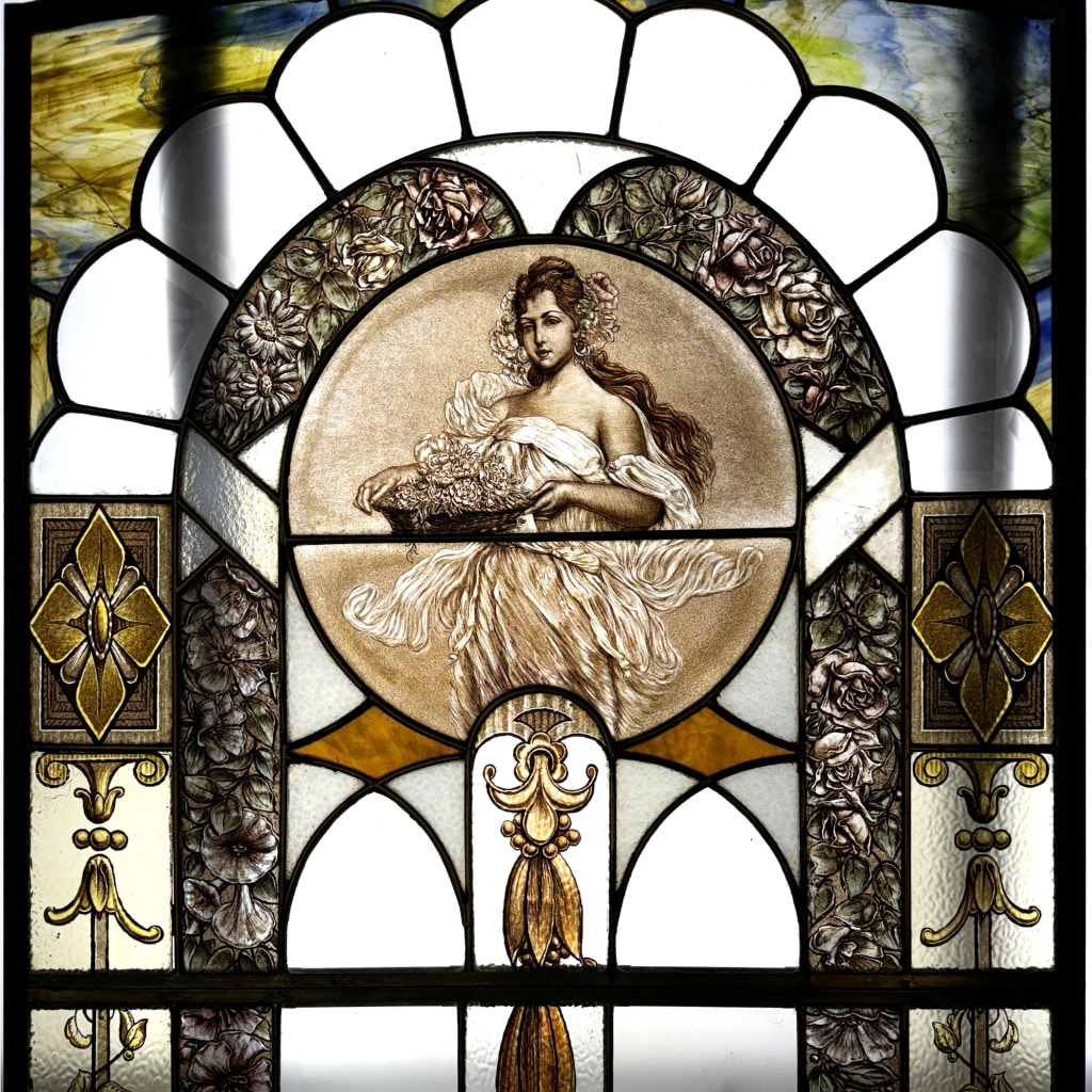 Vitrail Vitraux Femme au panier de fleurs (186 x 79 cm) | Biron 