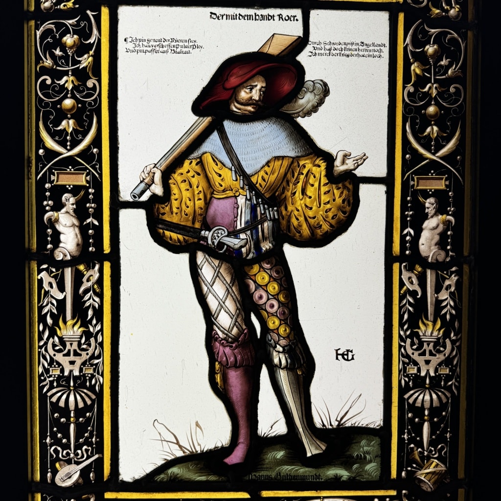 Vitrail homme au mousquet #1 (65 x 42 cm) | Biron 