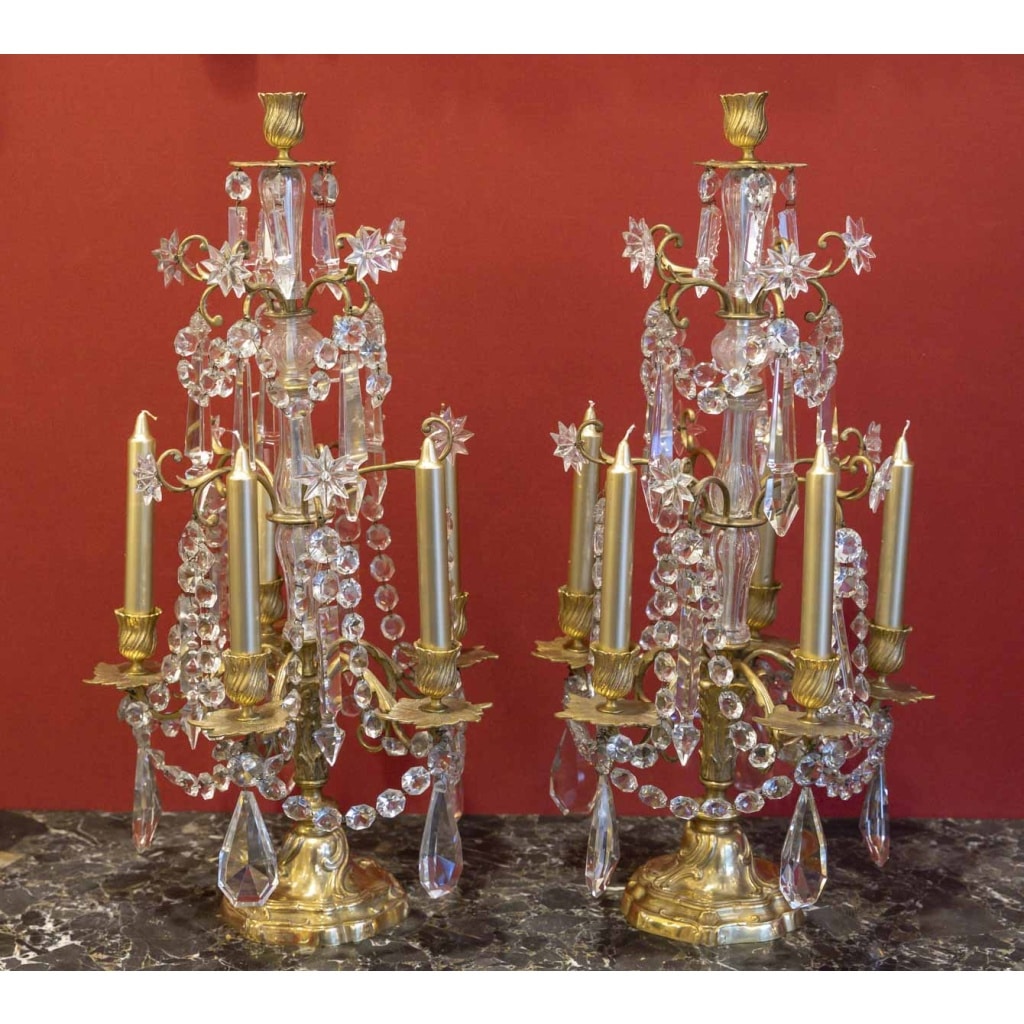 Paire de chandeliers en bronze et cristal Baccarat, XIXème siècle | Biron 