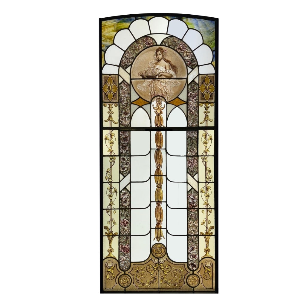 Vitrail Vitraux Femme au panier de fleurs (186 x 79 cm) | Biron 