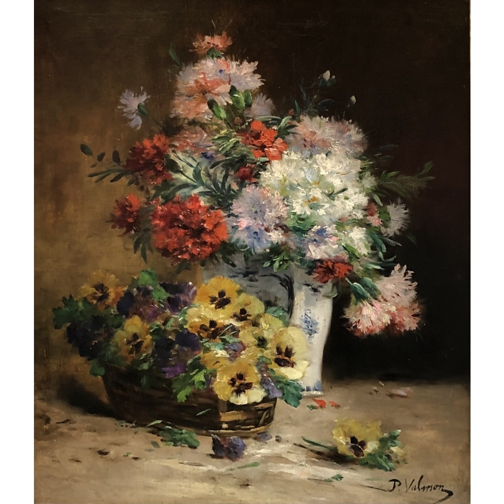 CAUCHOIX Eugène Bouquet d’oeillets Panier De Pensées Huile Toile Signée certificat d’authenticité | Biron 