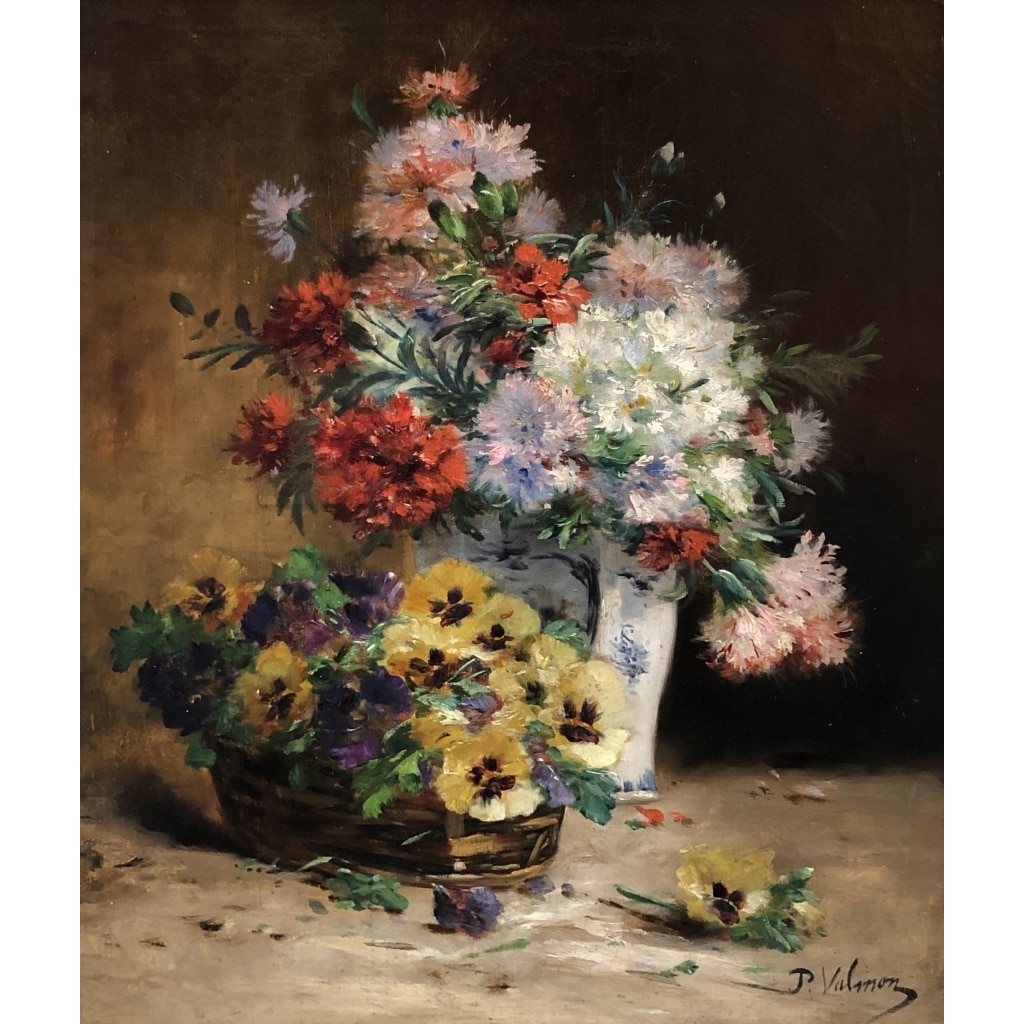 CAUCHOIX Eugène Bouquet d’oeillets Panier De Pensées Huile Toile Signée certificat d’authenticité | Biron 