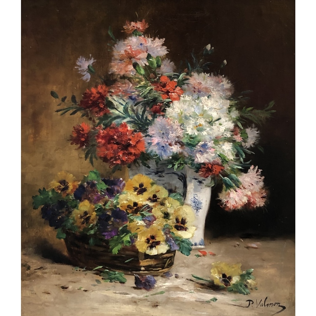 CAUCHOIX Eugène Bouquet d’oeillets Panier De Pensées Huile Toile Signée certificat d’authenticité | Biron 