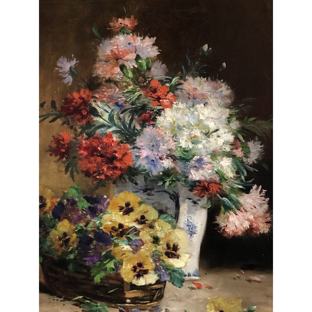 CAUCHOIX Eugène Bouquet d’oeillets Panier De Pensées Huile Toile Signée certificat d’authenticité | Biron 